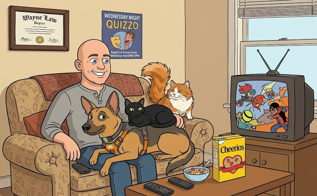 Illustration of Eric at home with his dog Charlie and his cats Ember and Winston